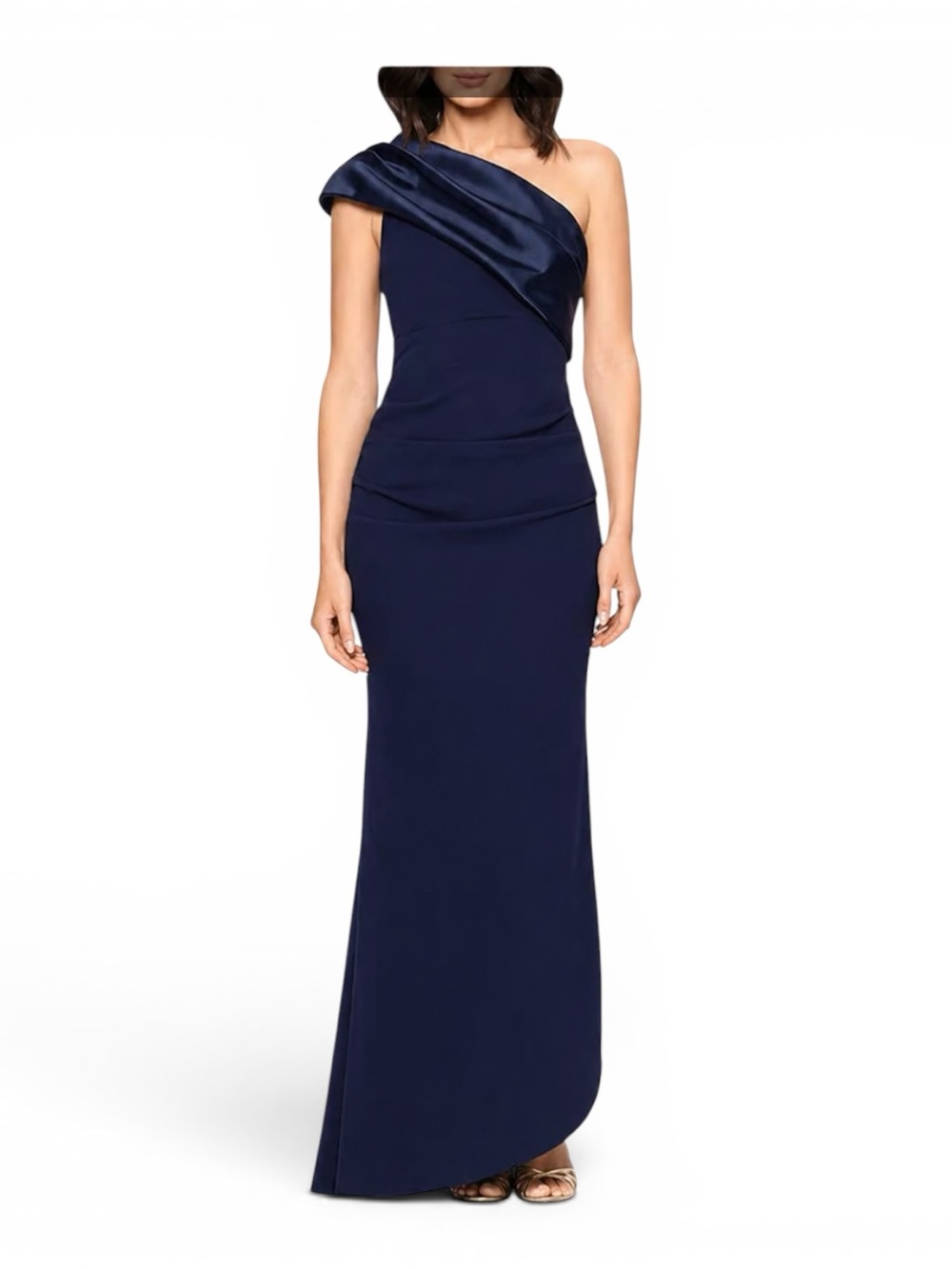 Betsy & Adam One Shoulder Mikado & Scuba Crepe Column Gown in Navy NWT